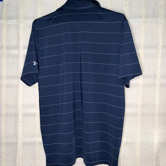Under Armour Polo Shirt Mens Large Navy Blue Excellent Pink Ribbon Striped - Picture 3 of 7
